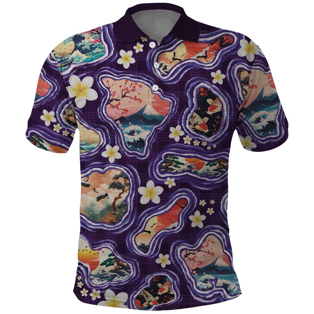 Hawaii Islands Map Design with Japanese Landscape Polo Shirt Hawaiian Japan Fusion Art Purple Color LT03 Purple - Polynesian Pride