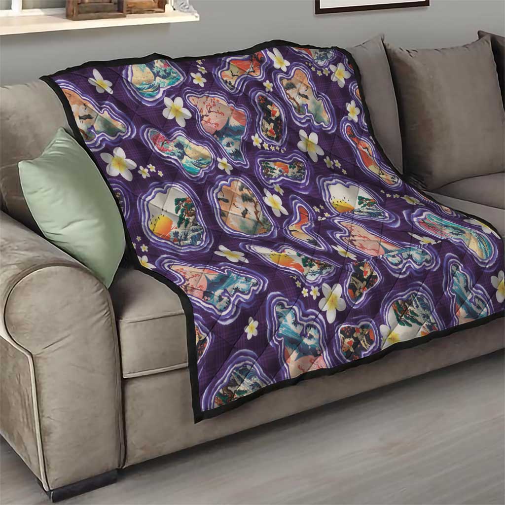 Hawaii Islands Map Design with Japanese Landscape Quilt Hawaiian Japan Fusion Art Purple Color