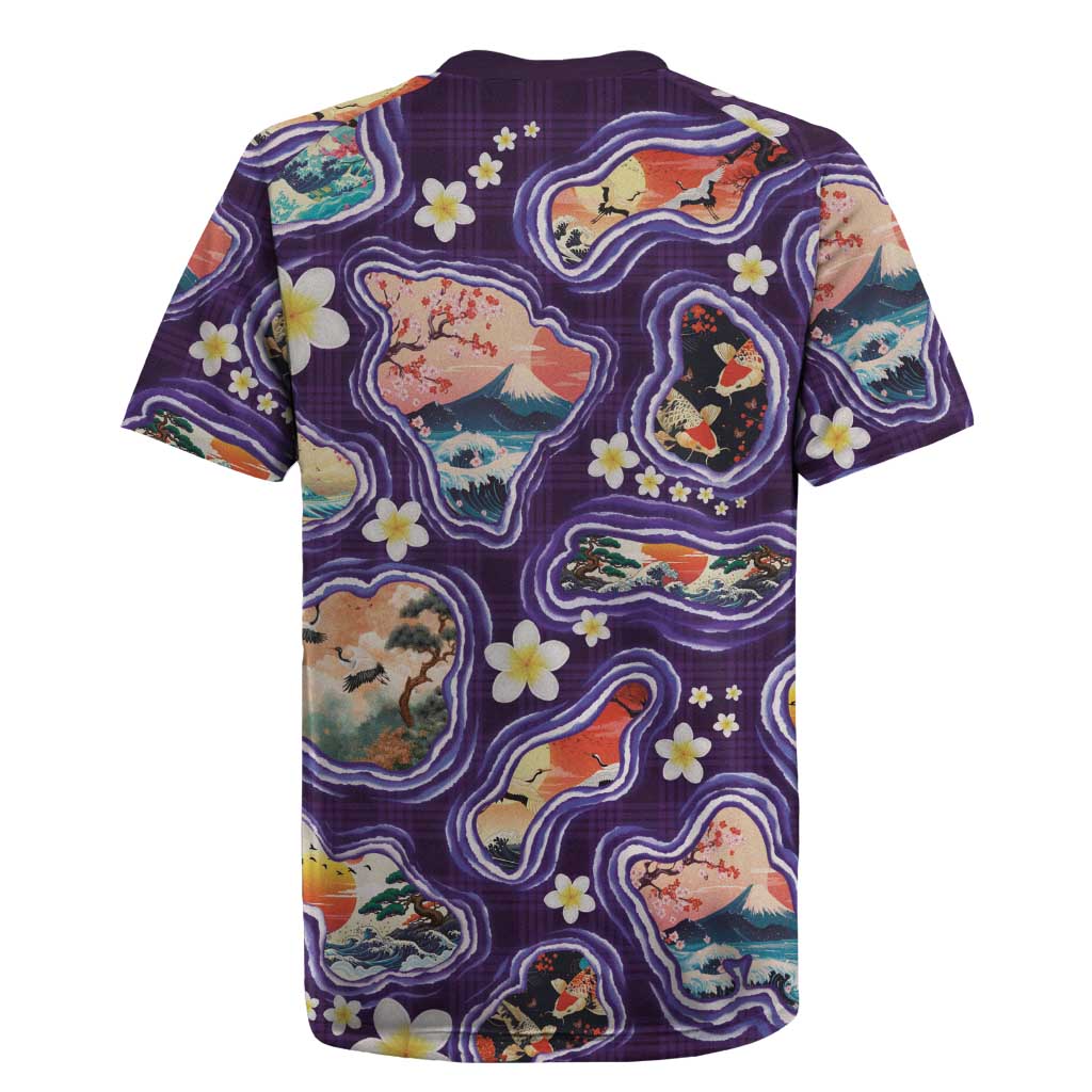 Hawaii Islands Map Design with Japanese Landscape Rugby Jersey Hawaiian Japan Fusion Art Purple Color