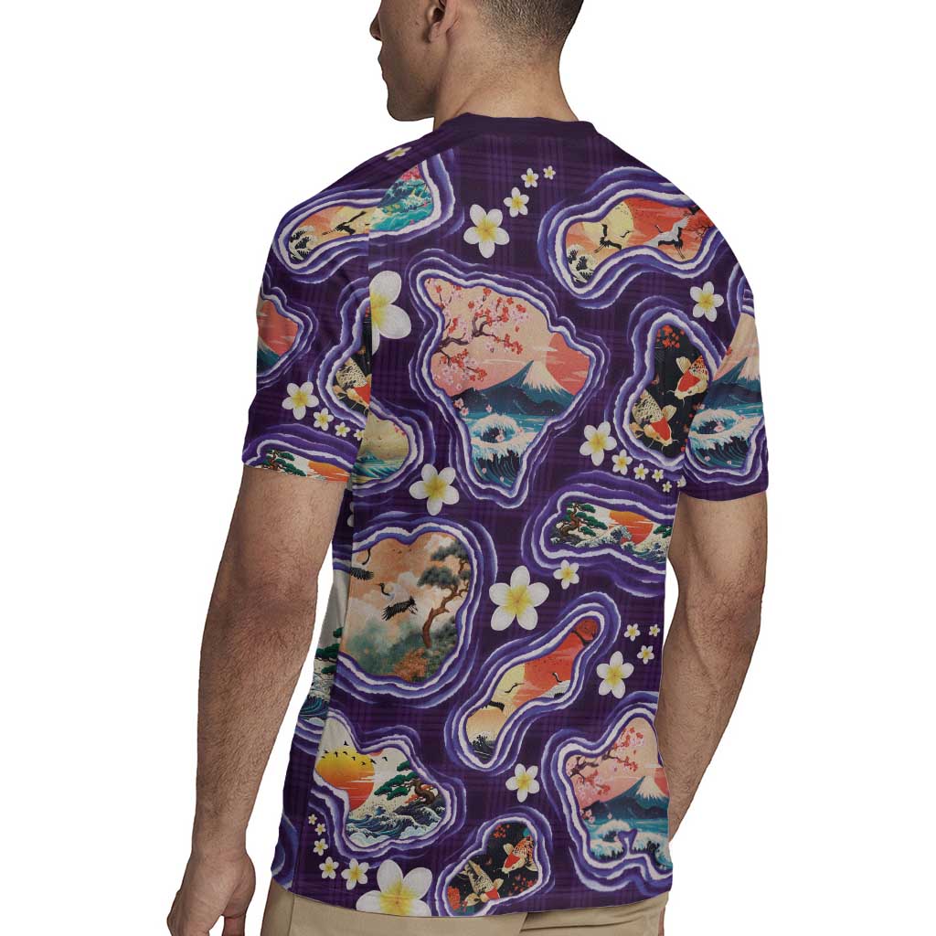 Hawaii Islands Map Design with Japanese Landscape Rugby Jersey Hawaiian Japan Fusion Art Purple Color