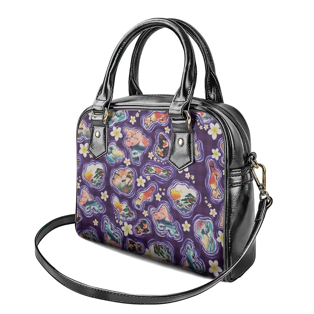 Hawaii Islands Map Design with Japanese Landscape Shoulder Handbag Hawaiian Japan Fusion Art Purple Color