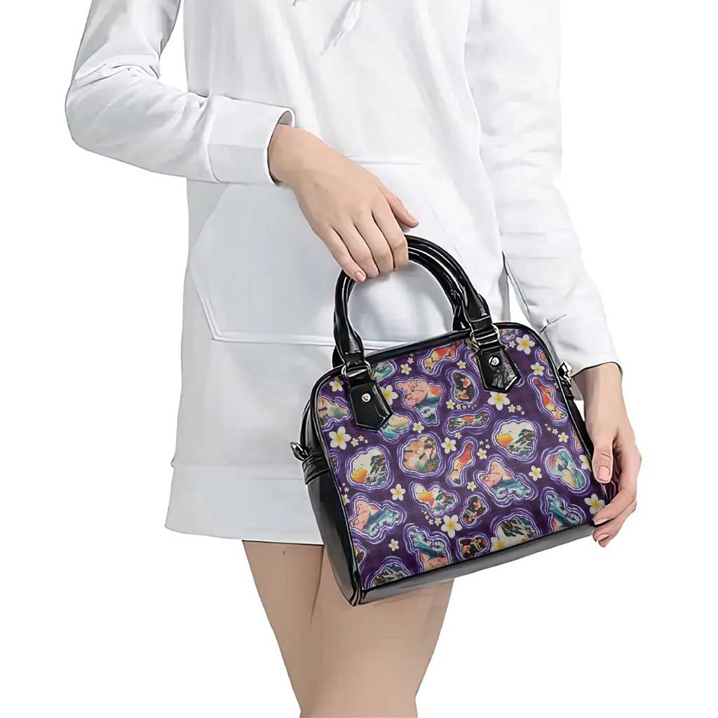 Hawaii Islands Map Design with Japanese Landscape Shoulder Handbag Hawaiian Japan Fusion Art Purple Color