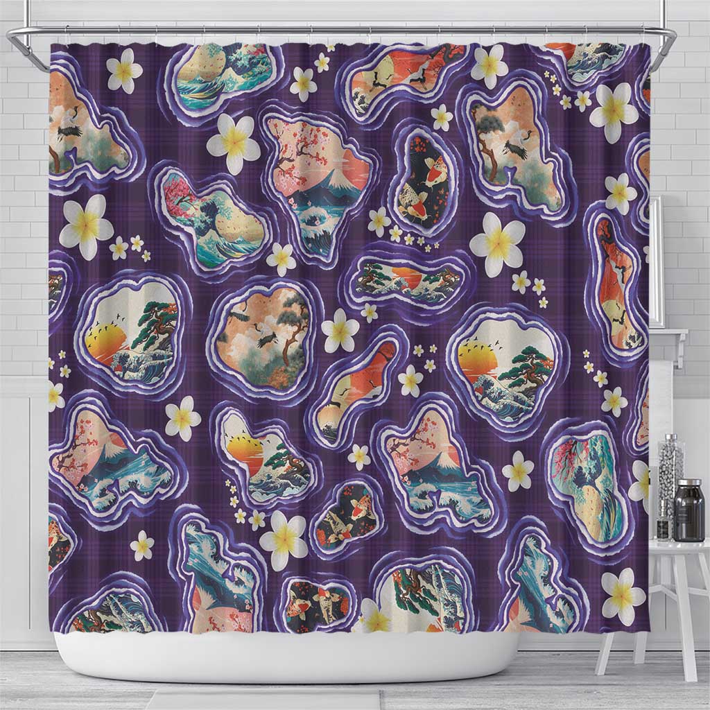 Hawaii Islands Map Design with Japanese Landscape Shower Curtain Hawaiian Japan Fusion Art Purple Color