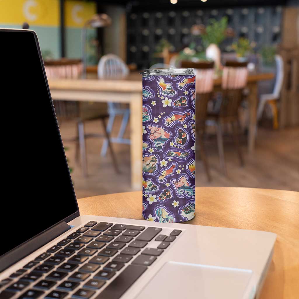 Hawaii Islands Map Design with Japanese Landscape Skinny Tumbler Hawaiian Japan Fusion Art Purple Color