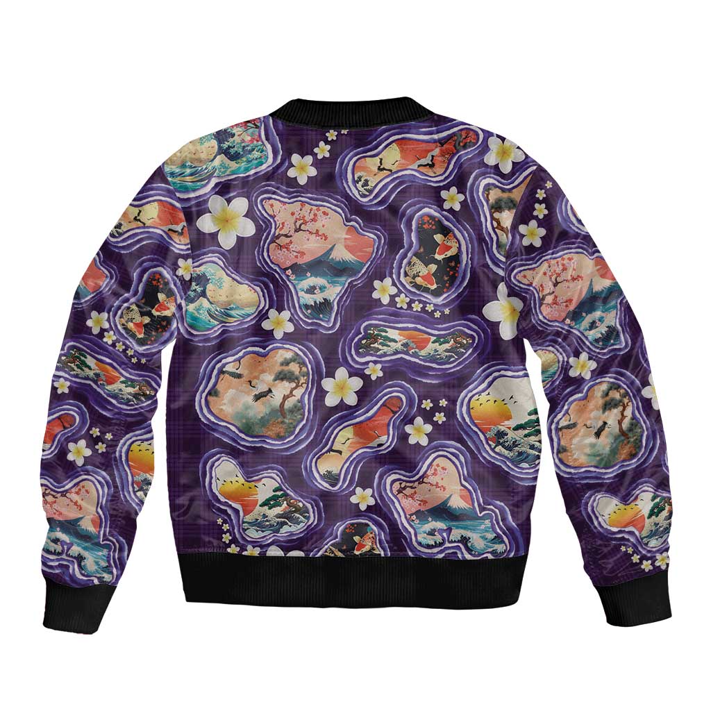 Hawaii Islands Map Design with Japanese Landscape Sleeve Zip Bomber Jacket Hawaiian Japan Fusion Art Purple Color