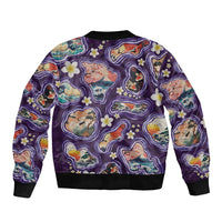 Hawaii Islands Map Design with Japanese Landscape Sleeve Zip Bomber Jacket Hawaiian Japan Fusion Art Purple Color