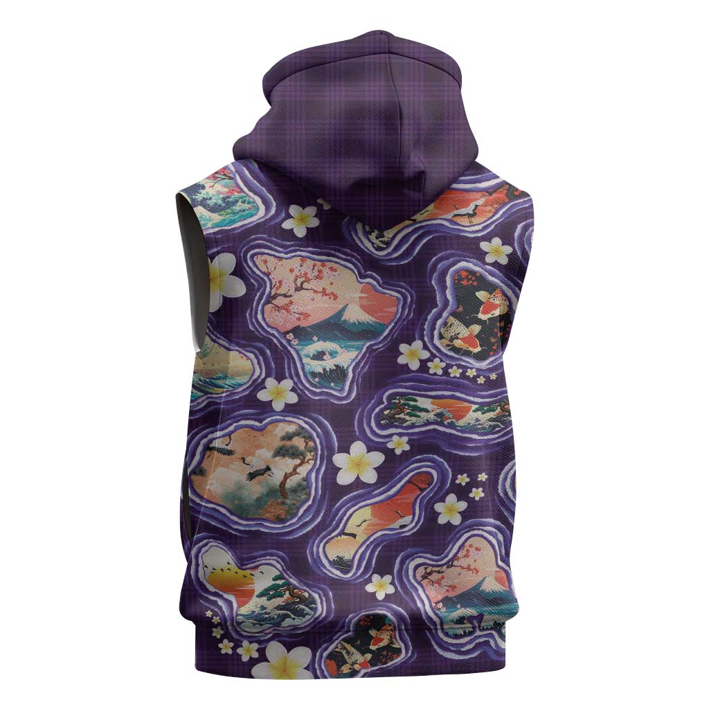 Hawaii Islands Map Design with Japanese Landscape Sleeveless Zip Hoodie Hawaiian Japan Fusion Art Purple Color