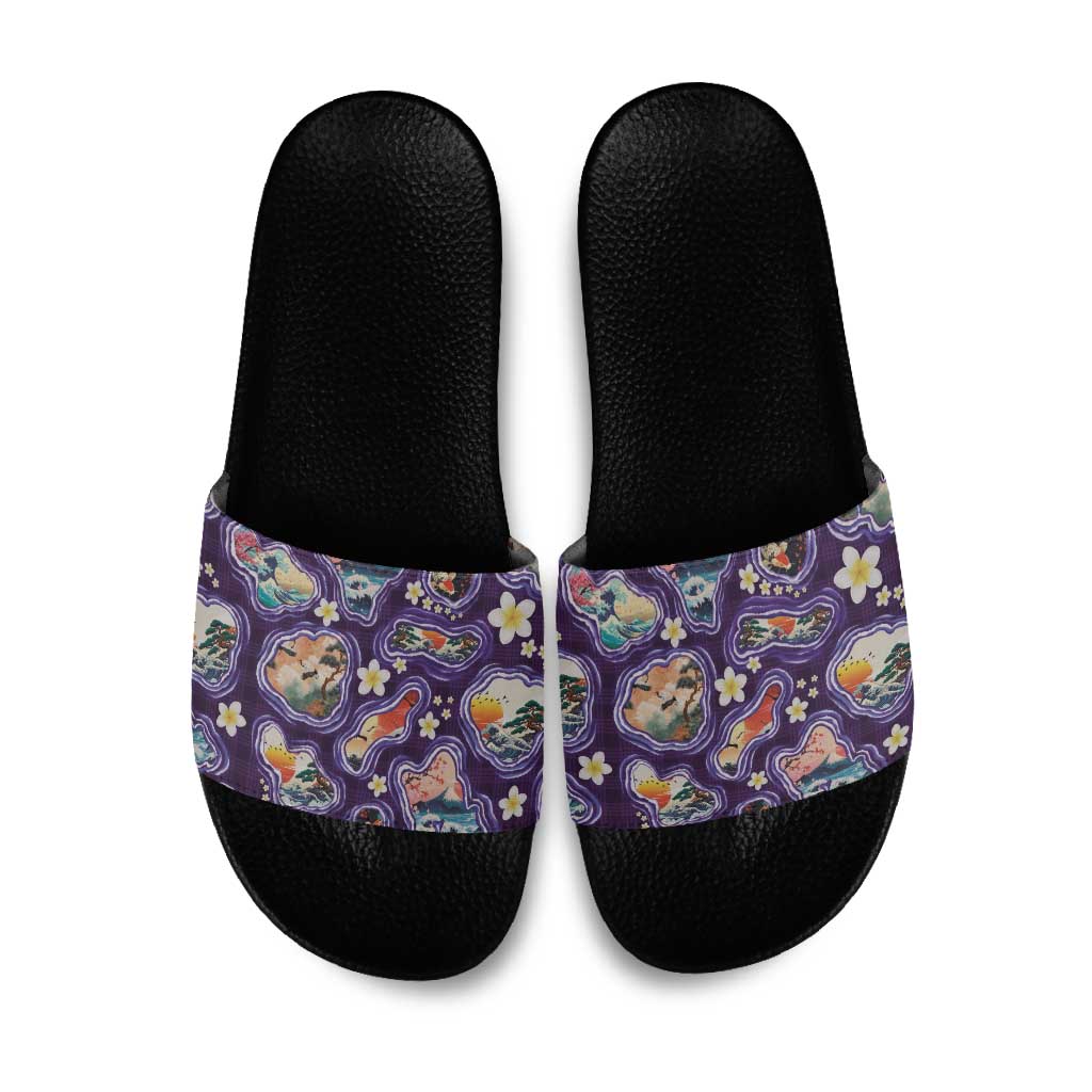 Hawaii Islands Map Design with Japanese Landscape Slide Sandals Hawaiian Japan Fusion Art Purple Color