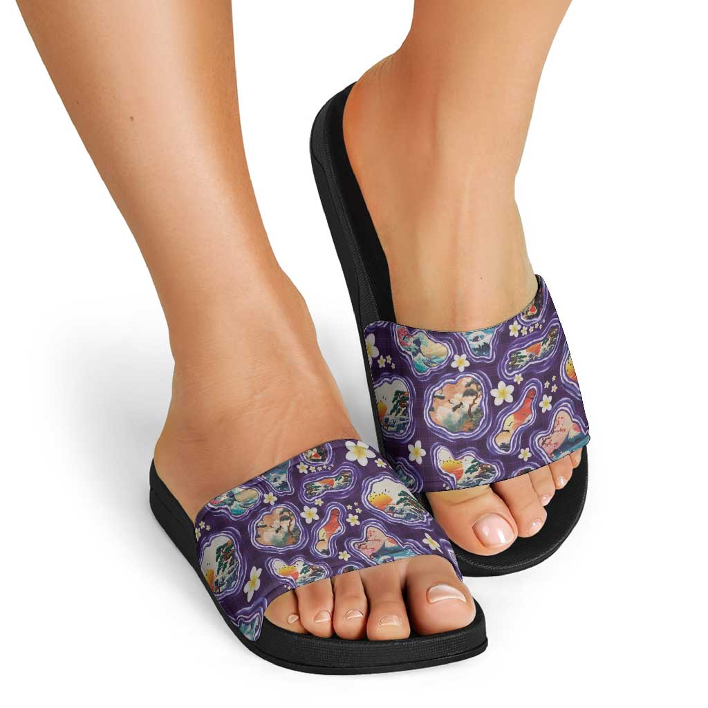 Hawaii Islands Map Design with Japanese Landscape Slide Sandals Hawaiian Japan Fusion Art Purple Color