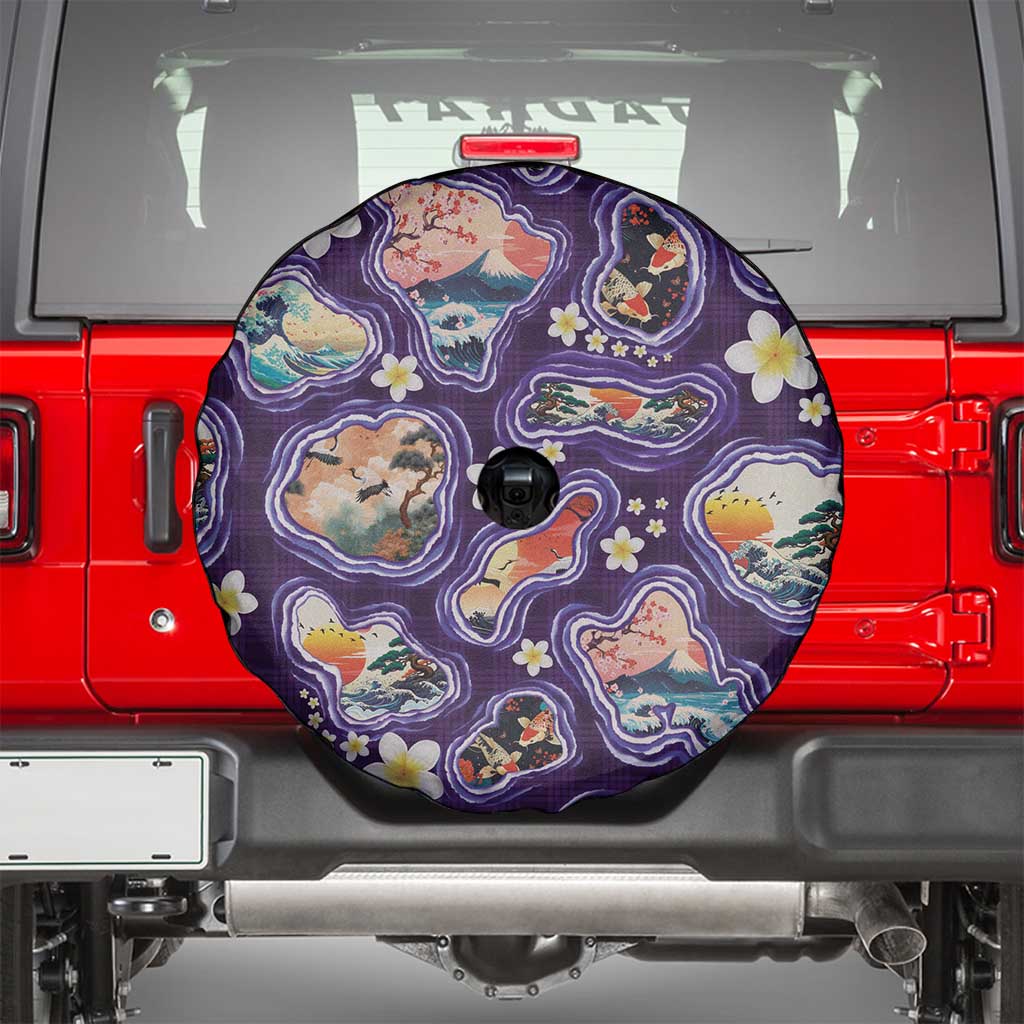Hawaii Islands Map Design with Japanese Landscape Spare Tire Cover Hawaiian Japan Fusion Art Purple Color