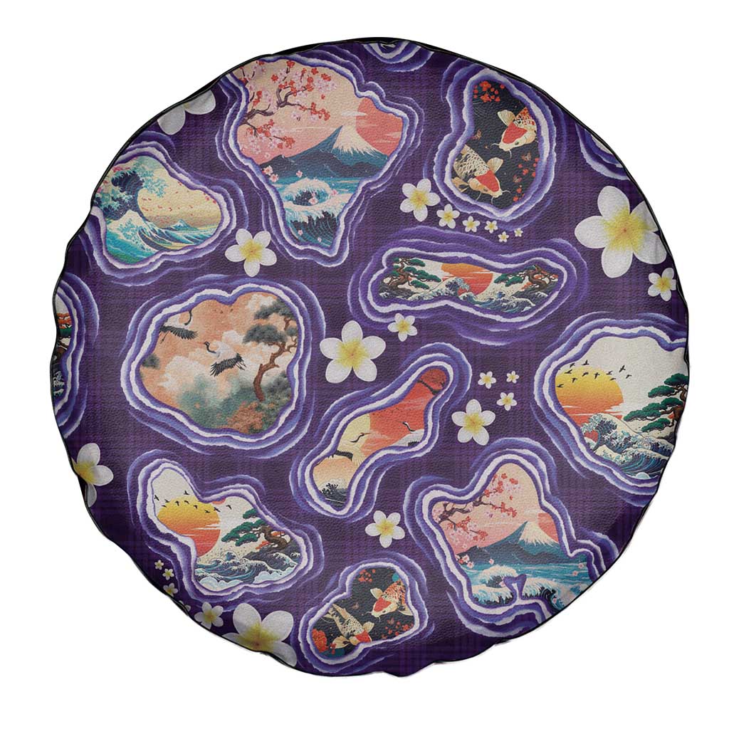 Hawaii Islands Map Design with Japanese Landscape Spare Tire Cover Hawaiian Japan Fusion Art Purple Color