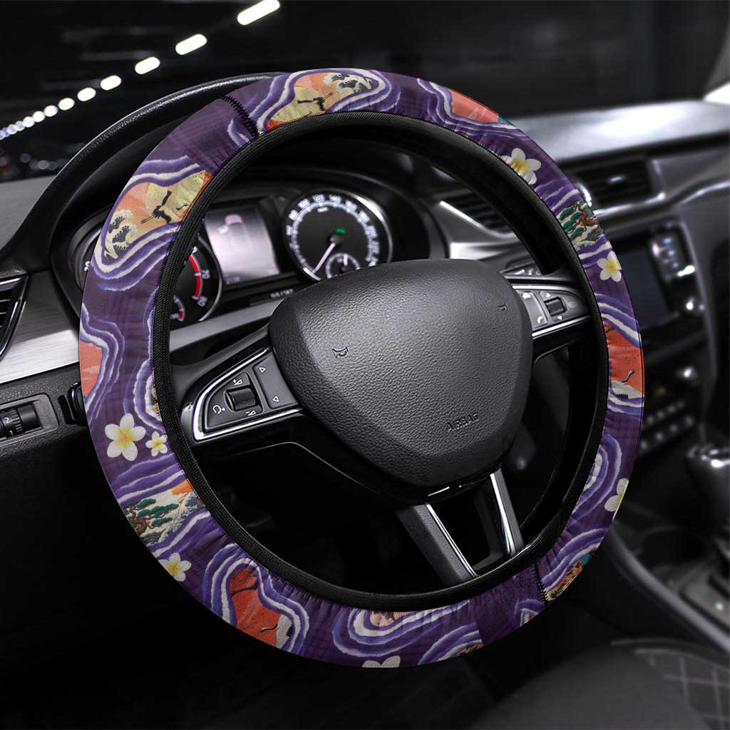 Hawaii Islands Map Design with Japanese Landscape Steering Wheel Cover Hawaiian Japan Fusion Art Purple Color LT03 Universal Fit Purple - Polynesian Pride