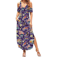 Hawaii Islands Map Design with Japanese Landscape Summer Maxi Dress Hawaiian Japan Fusion Art Purple Color
