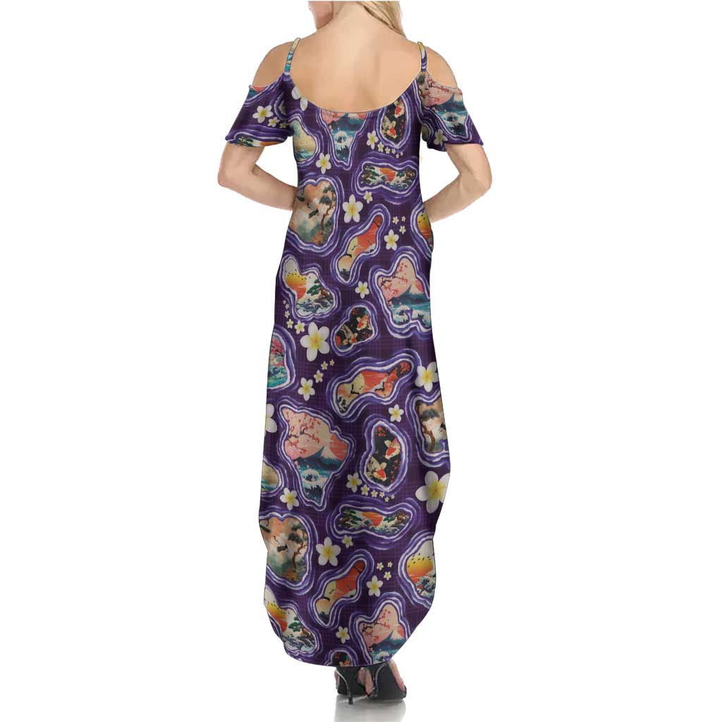 Hawaii Islands Map Design with Japanese Landscape Summer Maxi Dress Hawaiian Japan Fusion Art Purple Color