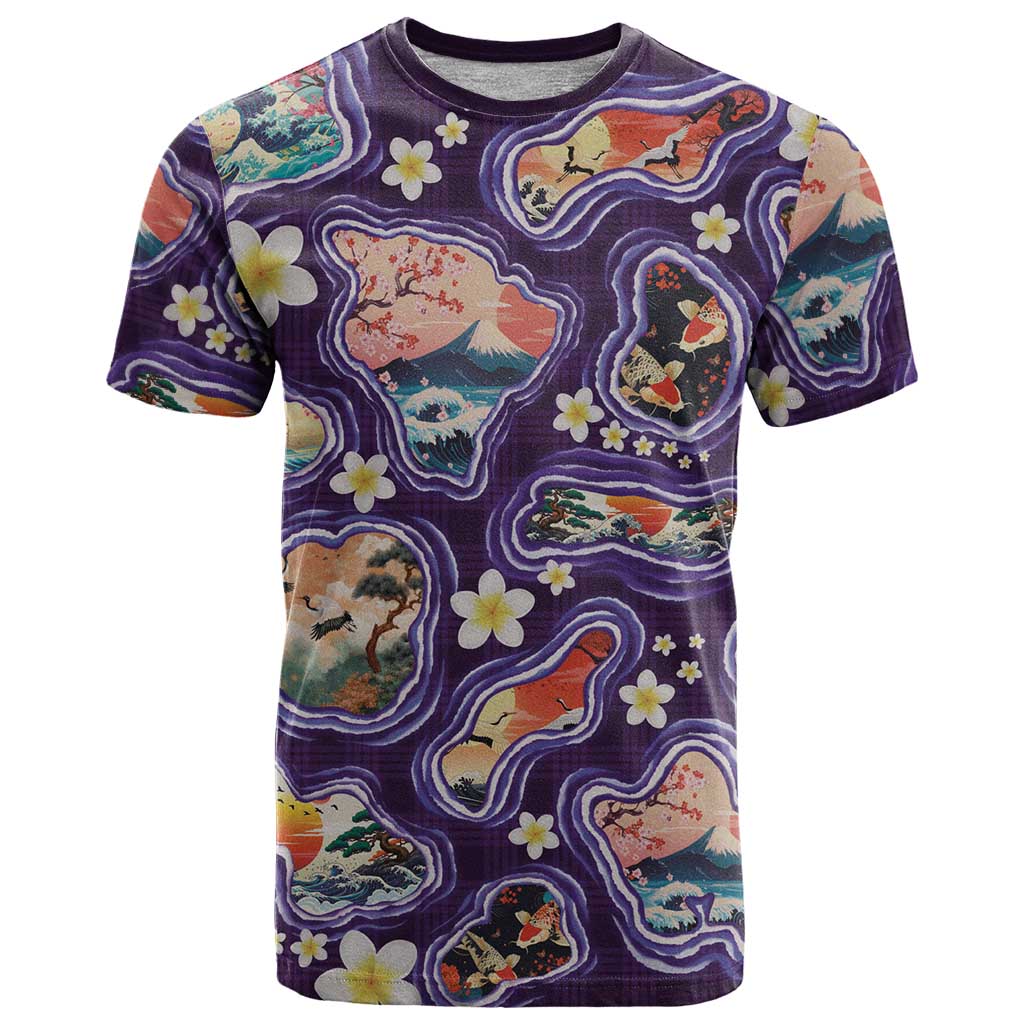 Hawaii Islands Map Design with Japanese Landscape T Shirt Hawaiian Japan Fusion Art Purple Color LT03 Purple - Polynesian Pride