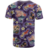 Hawaii Islands Map Design with Japanese Landscape T Shirt Hawaiian Japan Fusion Art Purple Color