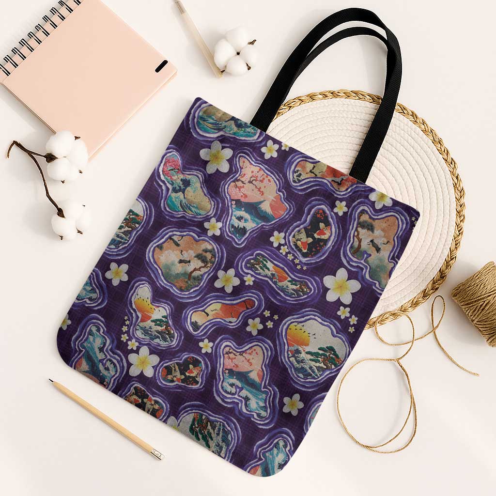 Hawaii Islands Map Design with Japanese Landscape Tote Bag Hawaiian Japan Fusion Art Purple Color LT03 Black Strap One Size Purple - Polynesian Pride