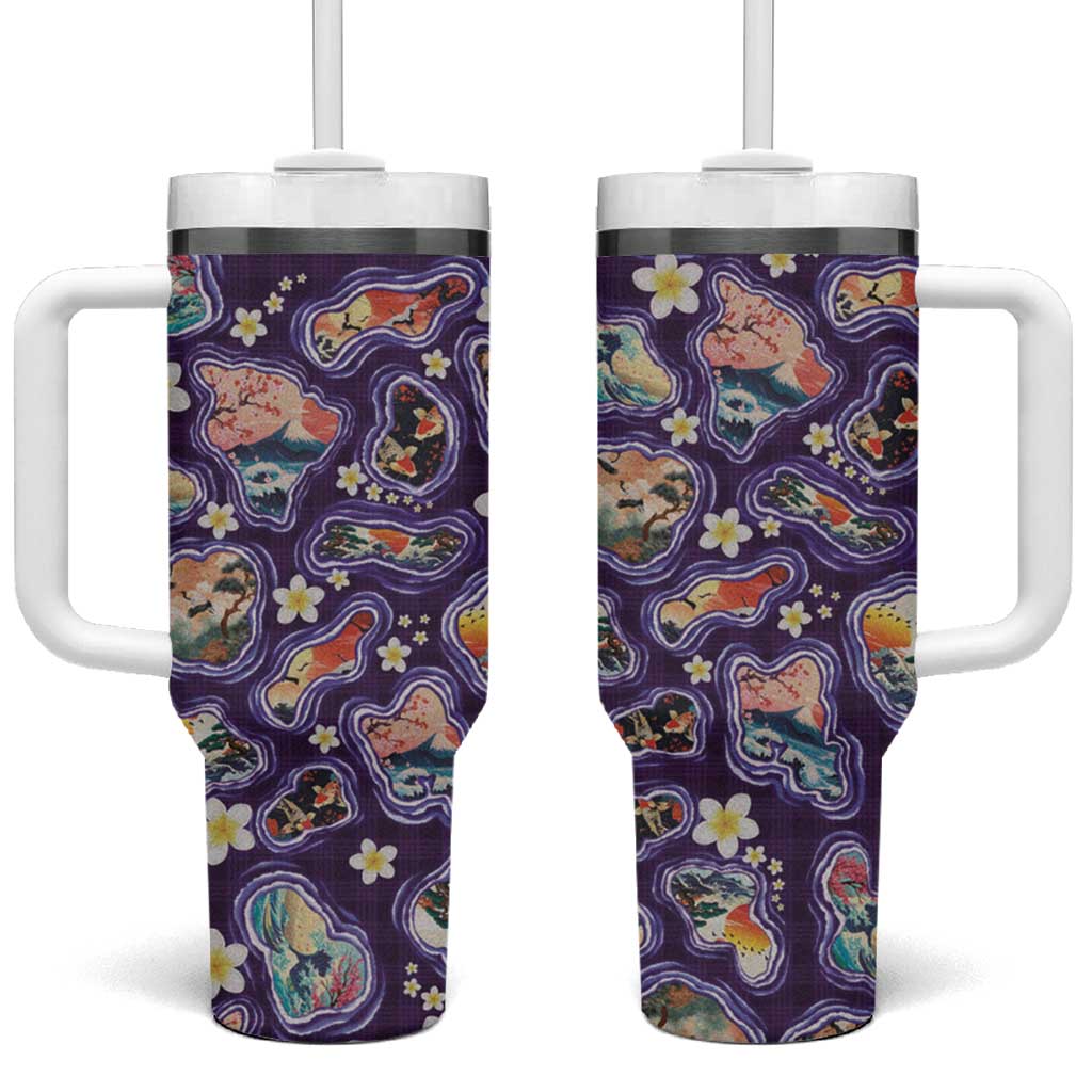 Hawaii Islands Map Design with Japanese Landscape Tumbler With Handle Hawaiian Japan Fusion Art Purple Color