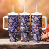 Hawaii Islands Map Design with Japanese Landscape Tumbler With Handle Hawaiian Japan Fusion Art Purple Color