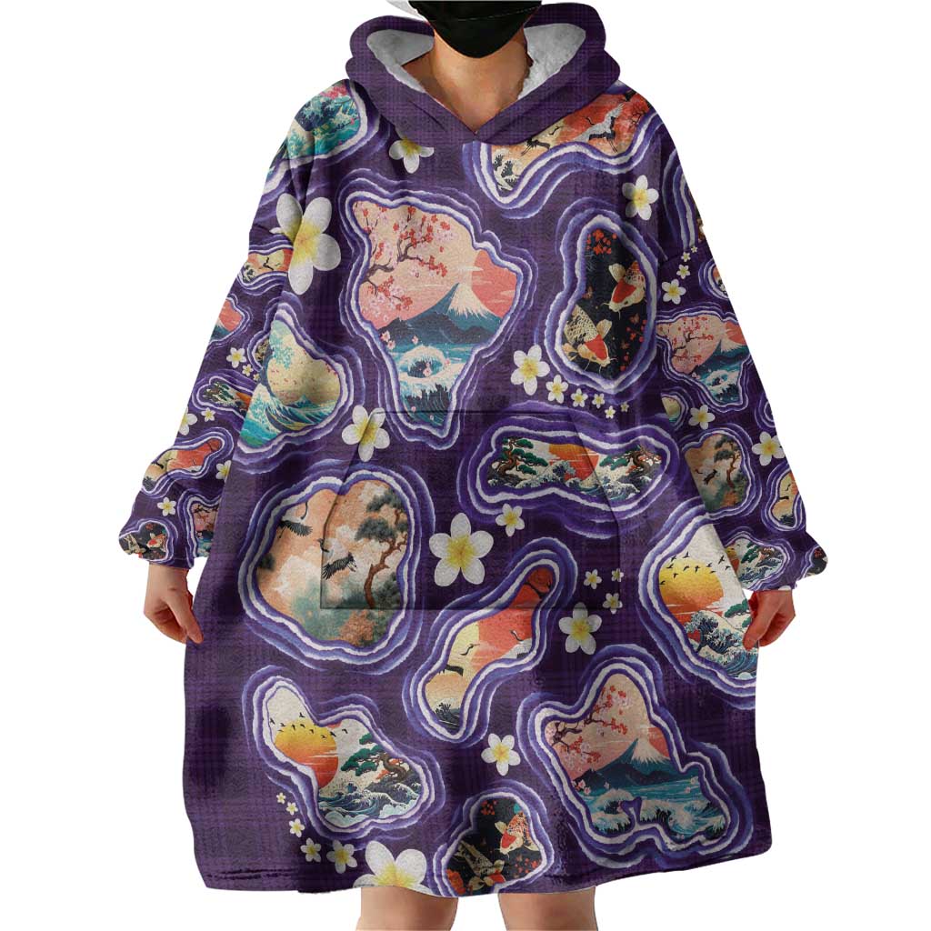 Hawaii Islands Map Design with Japanese Landscape Wearable Blanket Hoodie Hawaiian Japan Fusion Art Purple Color