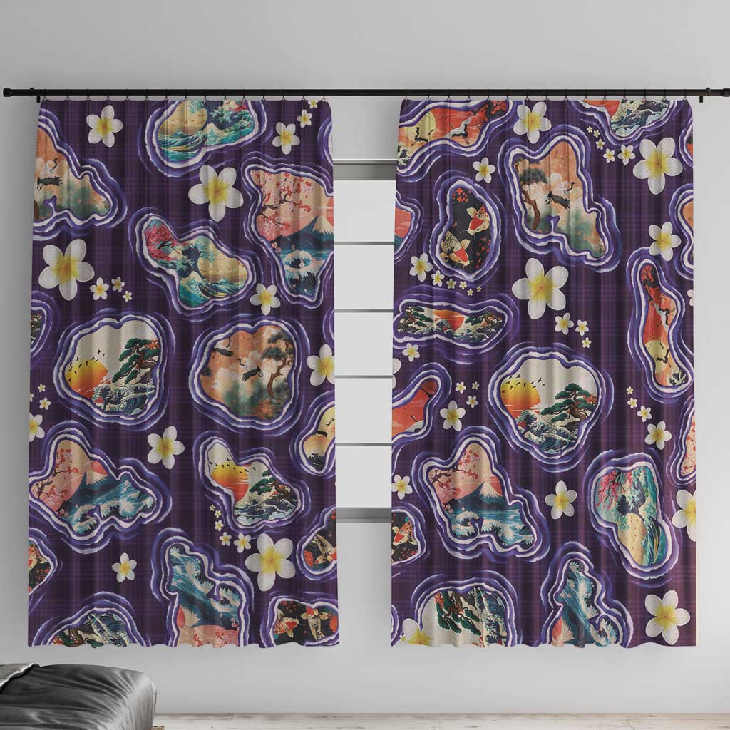 Hawaii Islands Map Design with Japanese Landscape Window Curtain Hawaiian Japan Fusion Art Purple Color LT03 With Hooks Purple - Polynesian Pride