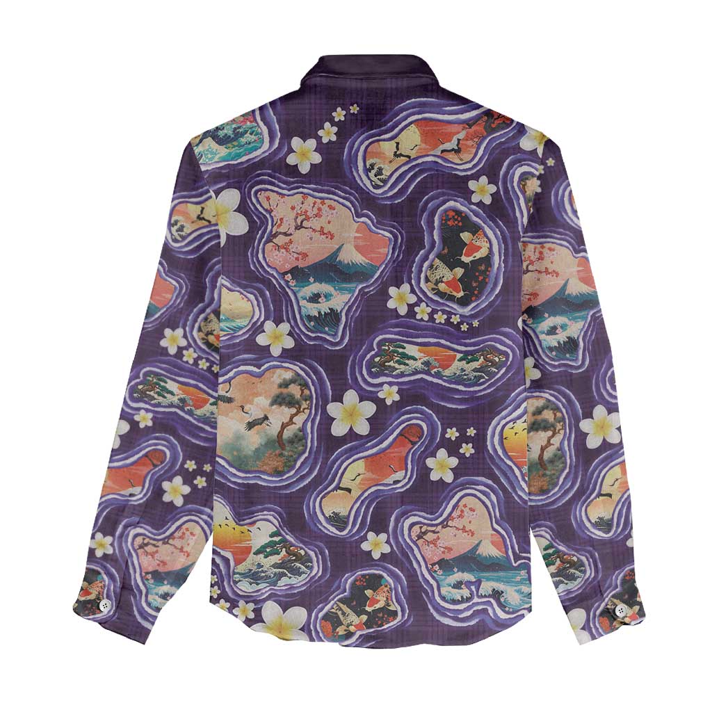 Hawaii Islands Map Design with Japanese Landscape Women Casual Shirt Hawaiian Japan Fusion Art Purple Color