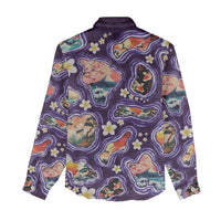 Hawaii Islands Map Design with Japanese Landscape Women Casual Shirt Hawaiian Japan Fusion Art Purple Color
