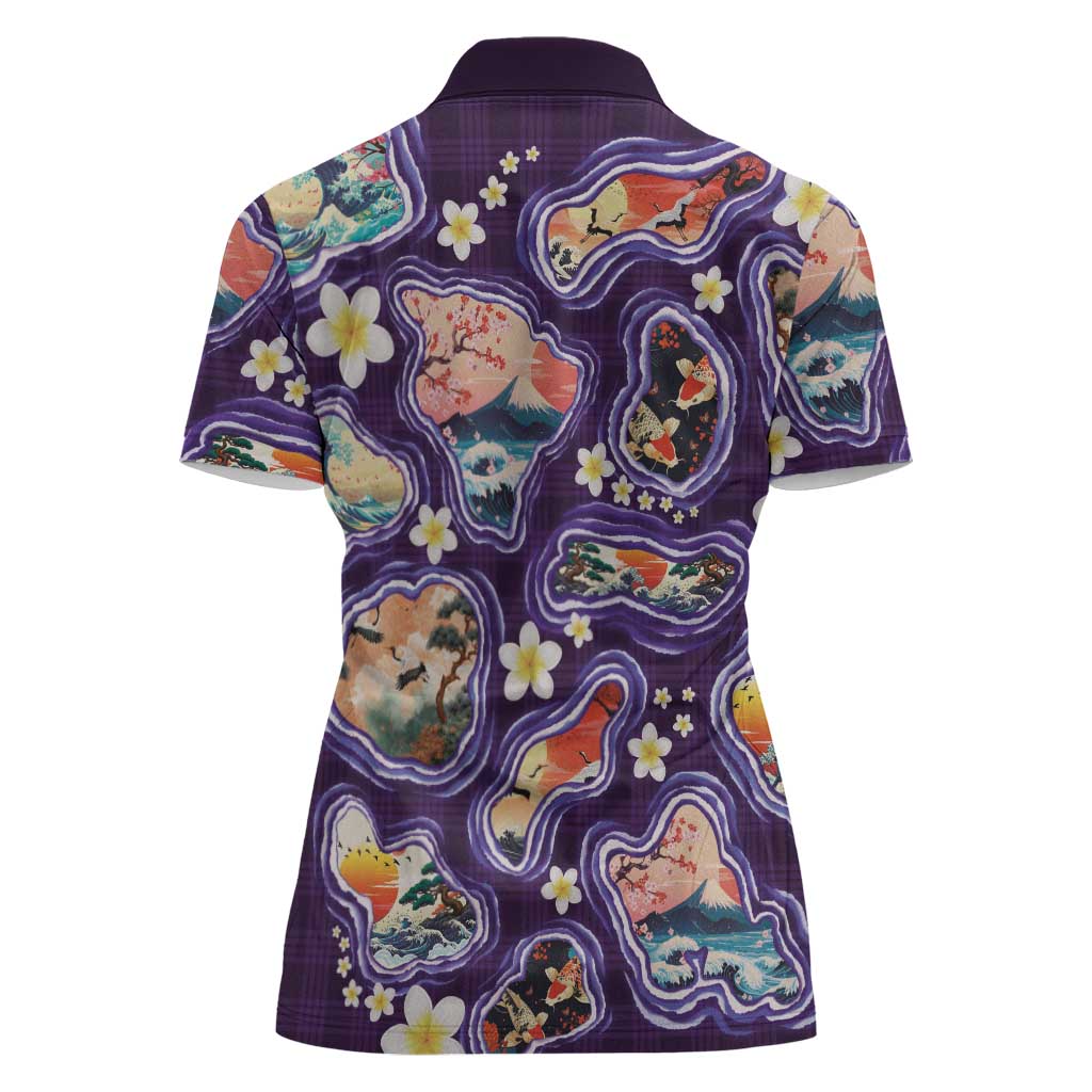 Hawaii Islands Map Design with Japanese Landscape Women Polo Shirt Hawaiian Japan Fusion Art Purple Color