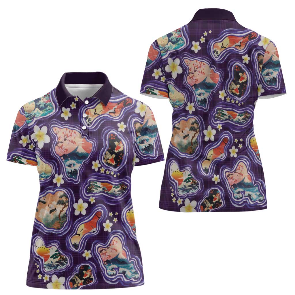 Hawaii Islands Map Design with Japanese Landscape Women Polo Shirt Hawaiian Japan Fusion Art Purple Color