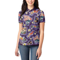 Hawaii Islands Map Design with Japanese Landscape Women Polo Shirt Hawaiian Japan Fusion Art Purple Color