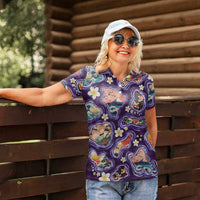 Hawaii Islands Map Design with Japanese Landscape Women Polo Shirt Hawaiian Japan Fusion Art Purple Color