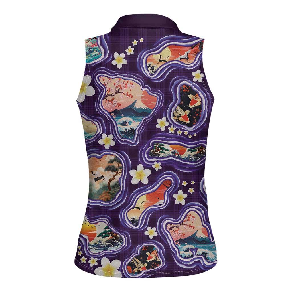 Hawaii Islands Map Design with Japanese Landscape Women Sleeveless Polo Shirt Hawaiian Japan Fusion Art Purple Color