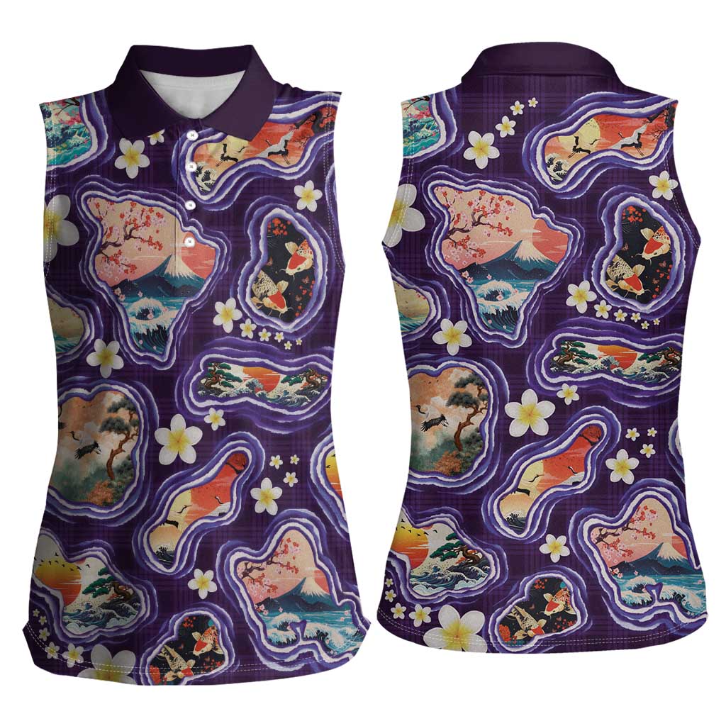Hawaii Islands Map Design with Japanese Landscape Women Sleeveless Polo Shirt Hawaiian Japan Fusion Art Purple Color