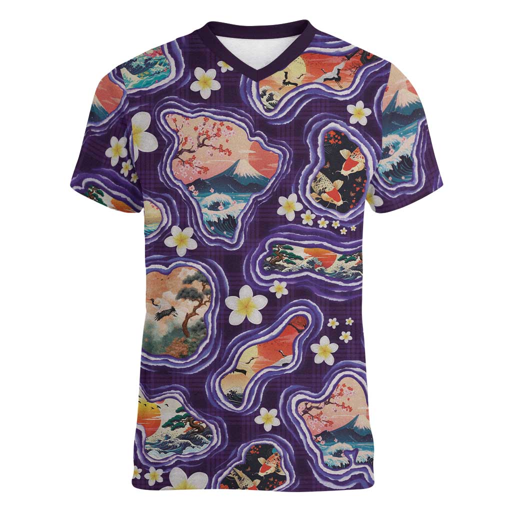 Hawaii Islands Map Design with Japanese Landscape Women V-Neck T-Shirt Hawaiian Japan Fusion Art Purple Color