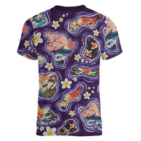 Hawaii Islands Map Design with Japanese Landscape Women V-Neck T-Shirt Hawaiian Japan Fusion Art Purple Color