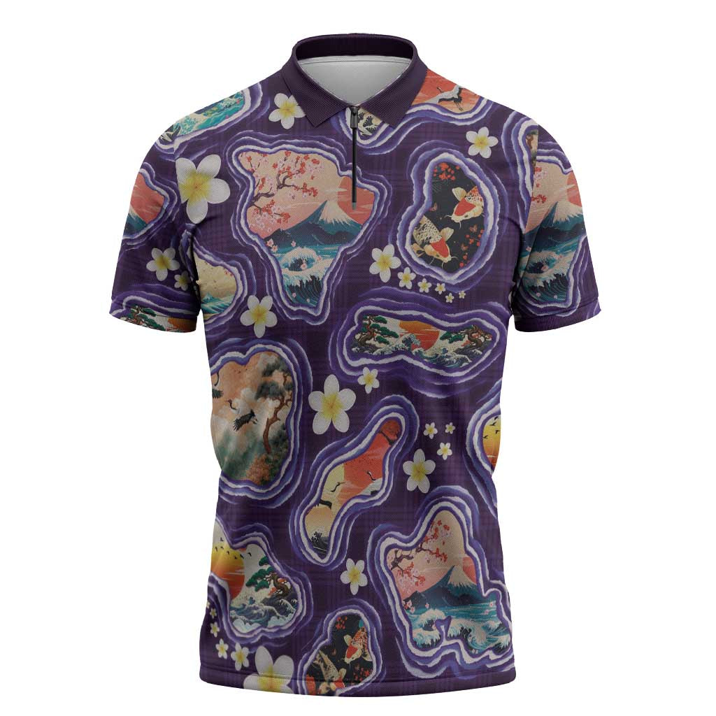 Hawaii Islands Map Design with Japanese Landscape Zipper Polo Shirt Hawaiian Japan Fusion Art Purple Color LT03 Purple - Polynesian Pride