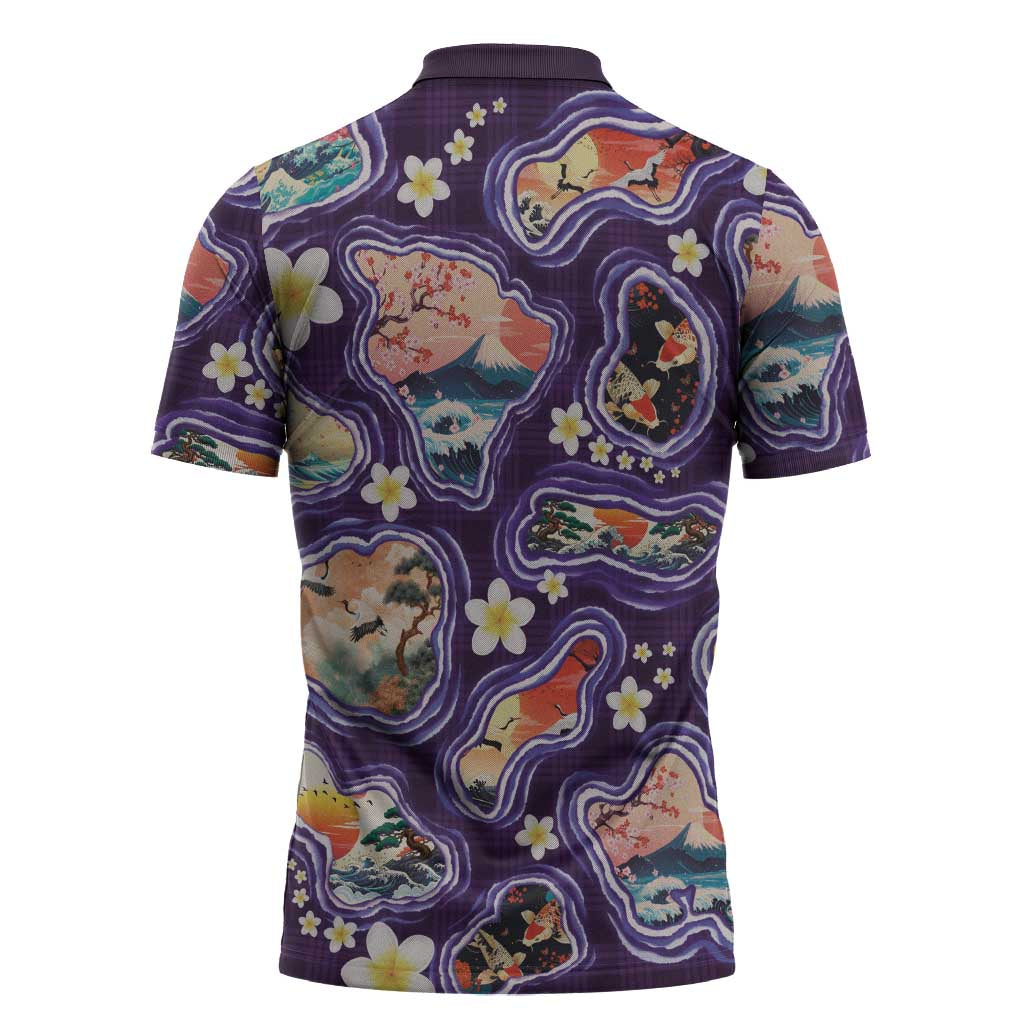 Hawaii Islands Map Design with Japanese Landscape Zipper Polo Shirt Hawaiian Japan Fusion Art Purple Color