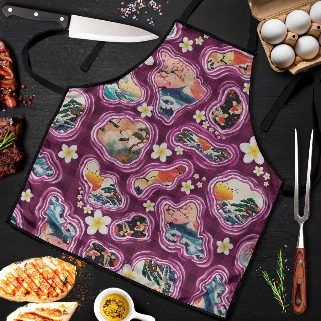 Hawaii Islands Map Design with Japanese Landscape Apron Hawaiian Japan Fusion Art Pink Color LT03 Pink - Polynesian Pride