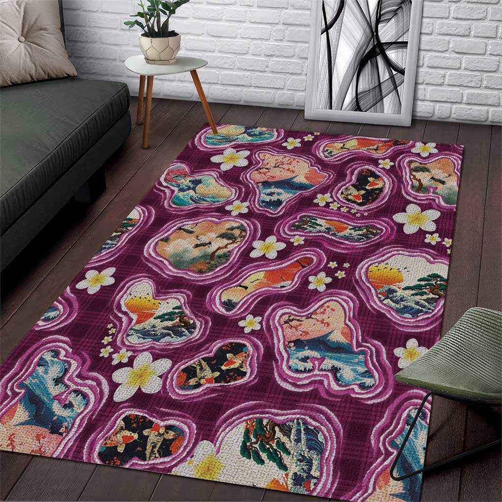 Hawaii Islands Map Design with Japanese Landscape Area Rug Hawaiian Japan Fusion Art Pink Color