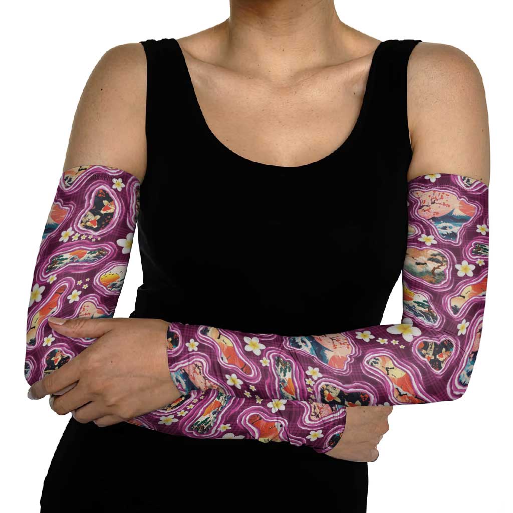 Hawaii Islands Map Design with Japanese Landscape Arm Sleeves Hawaiian Japan Fusion Art Pink Color