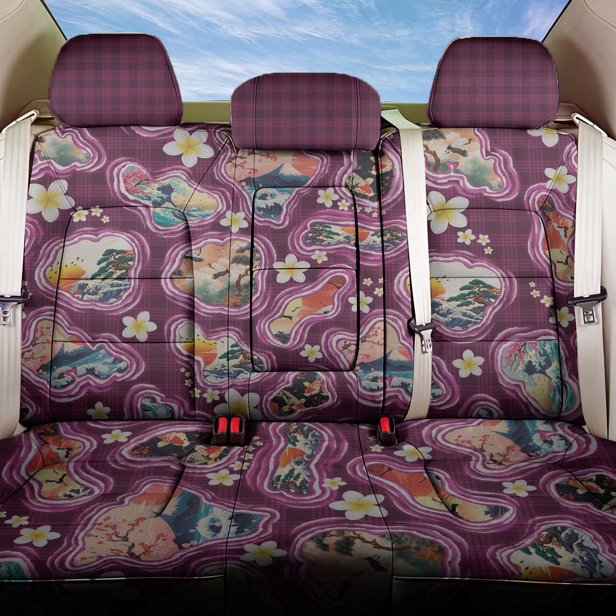 Hawaii Islands Map Design with Japanese Landscape Back Car Seat Cover Hawaiian Japan Fusion Art Pink Color