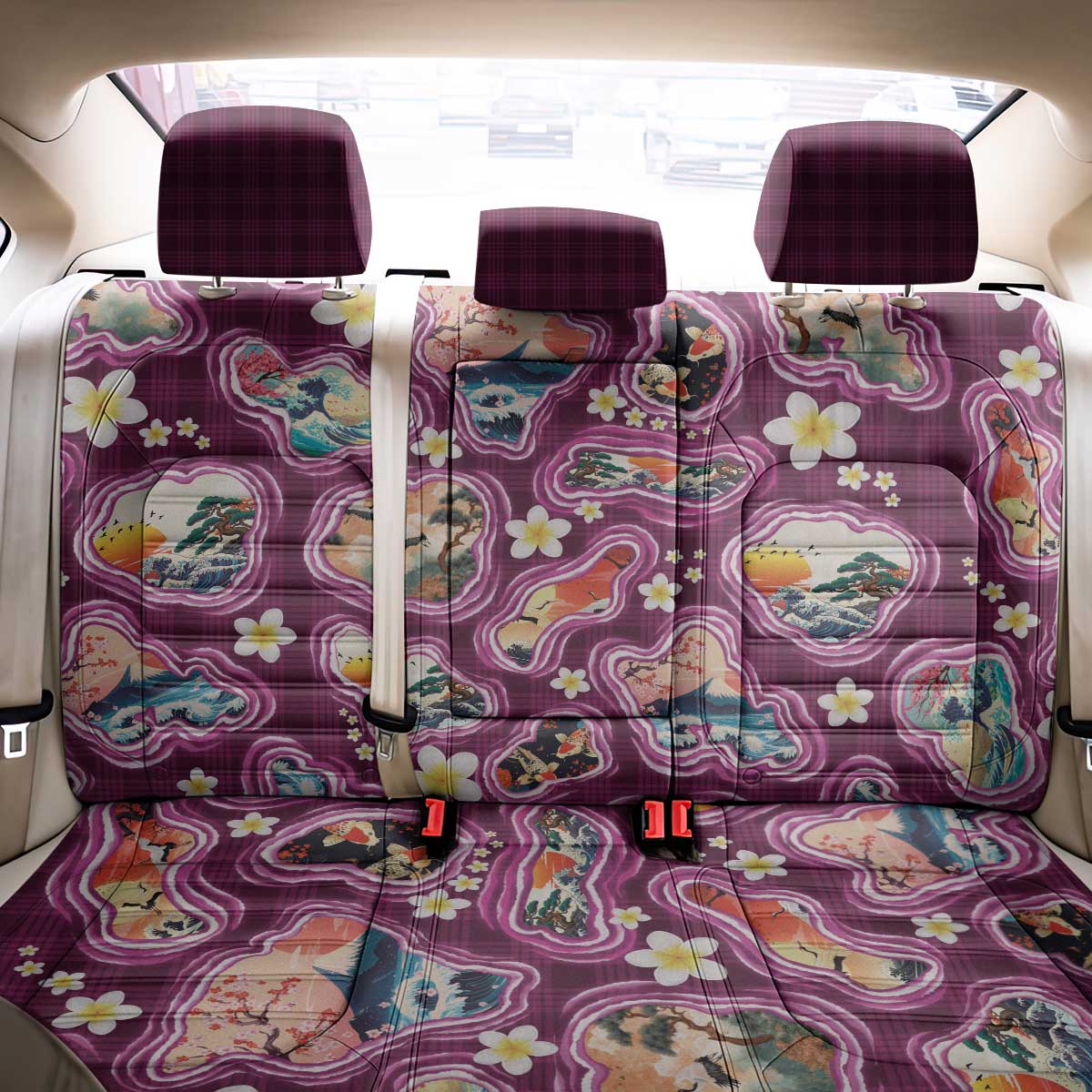 Hawaii Islands Map Design with Japanese Landscape Back Car Seat Cover Hawaiian Japan Fusion Art Pink Color