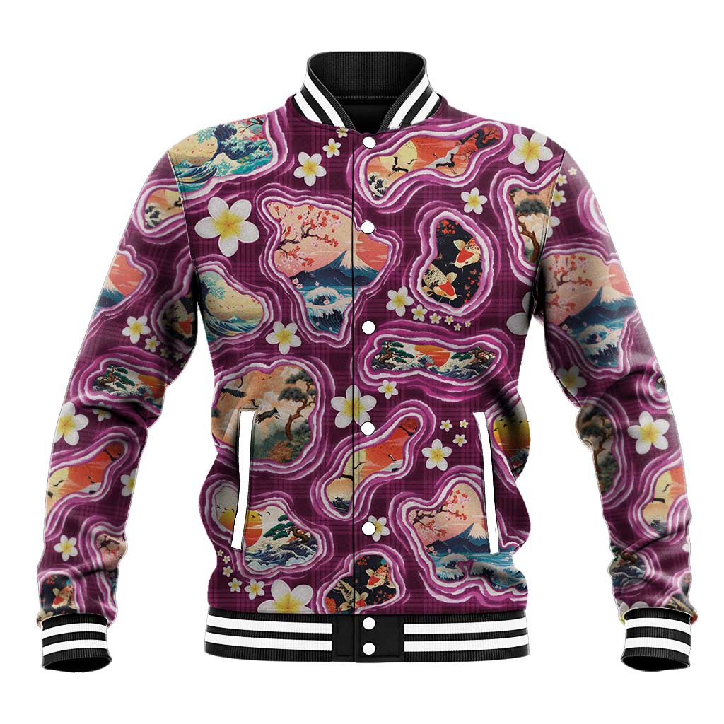 Hawaii Islands Map Design with Japanese Landscape Baseball Jacket Hawaiian Japan Fusion Art Pink Color LT03 Unisex Pink - Polynesian Pride