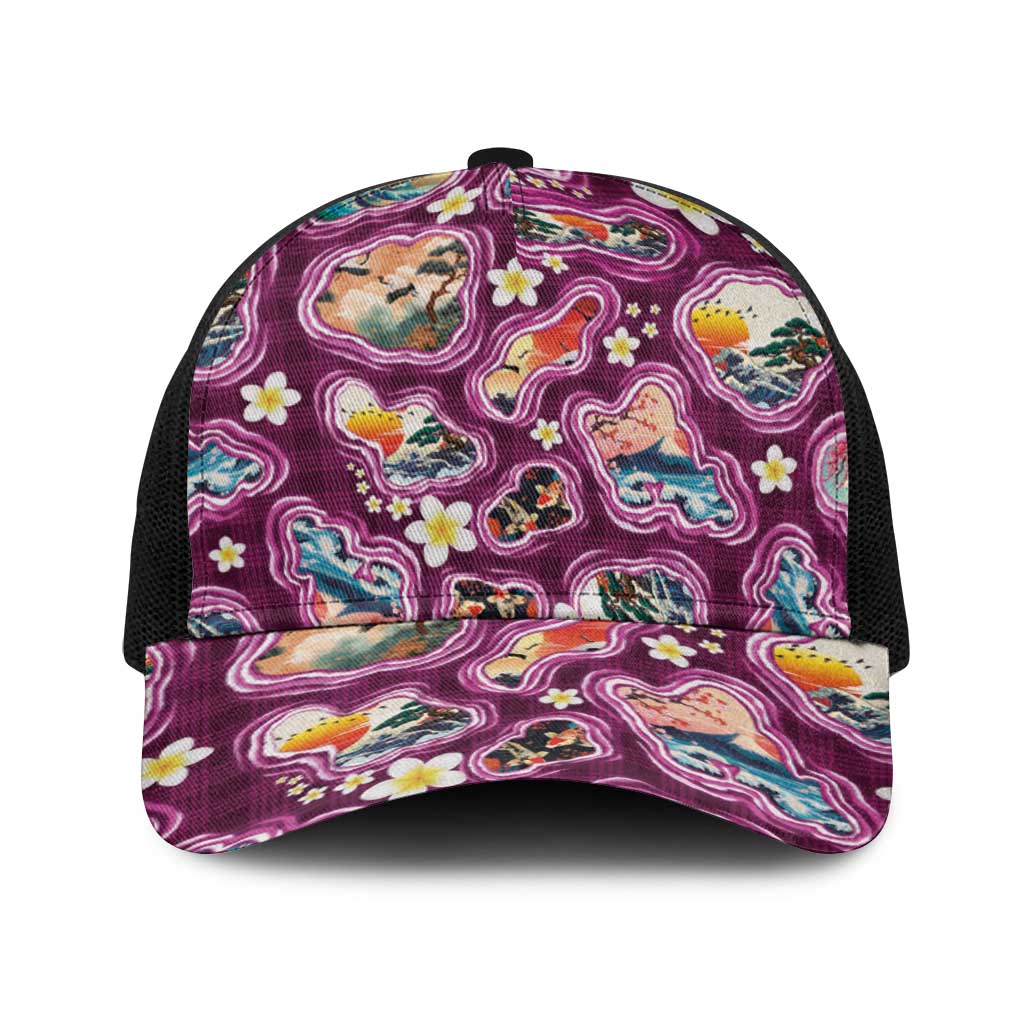 Hawaii Islands Map Design with Japanese Landscape Baseball Net Cap Hawaiian Japan Fusion Art Pink Color