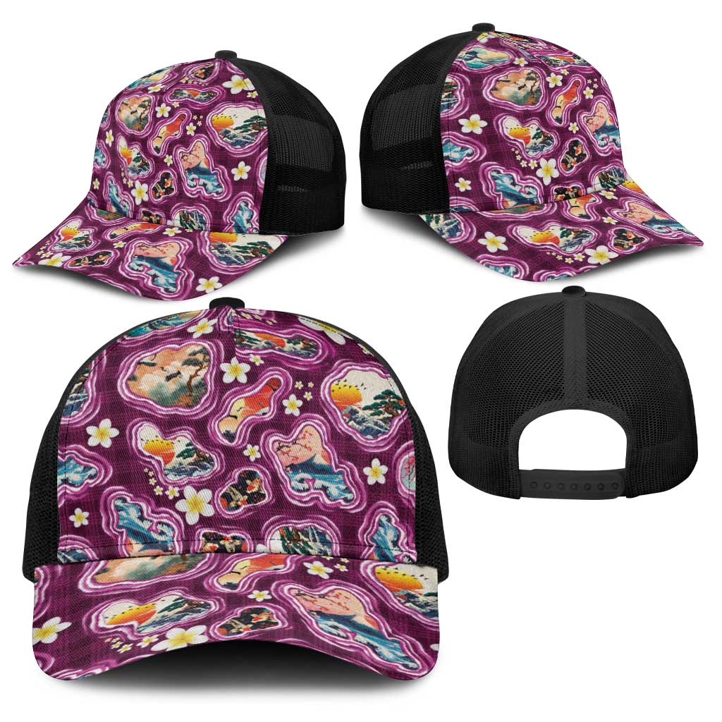 Hawaii Islands Map Design with Japanese Landscape Baseball Net Cap Hawaiian Japan Fusion Art Pink Color