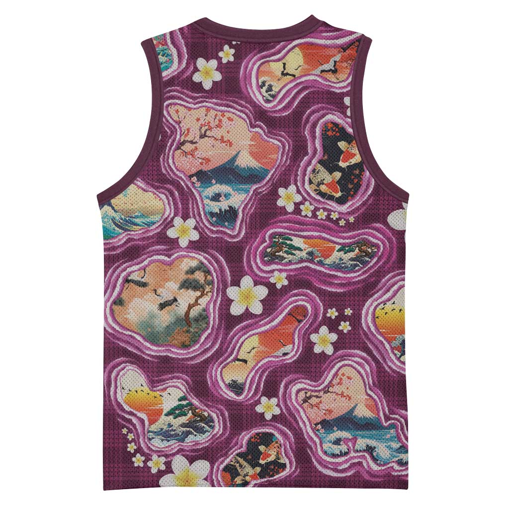 Hawaii Islands Map Design with Japanese Landscape Basketball Jersey Hawaiian Japan Fusion Art Pink Color
