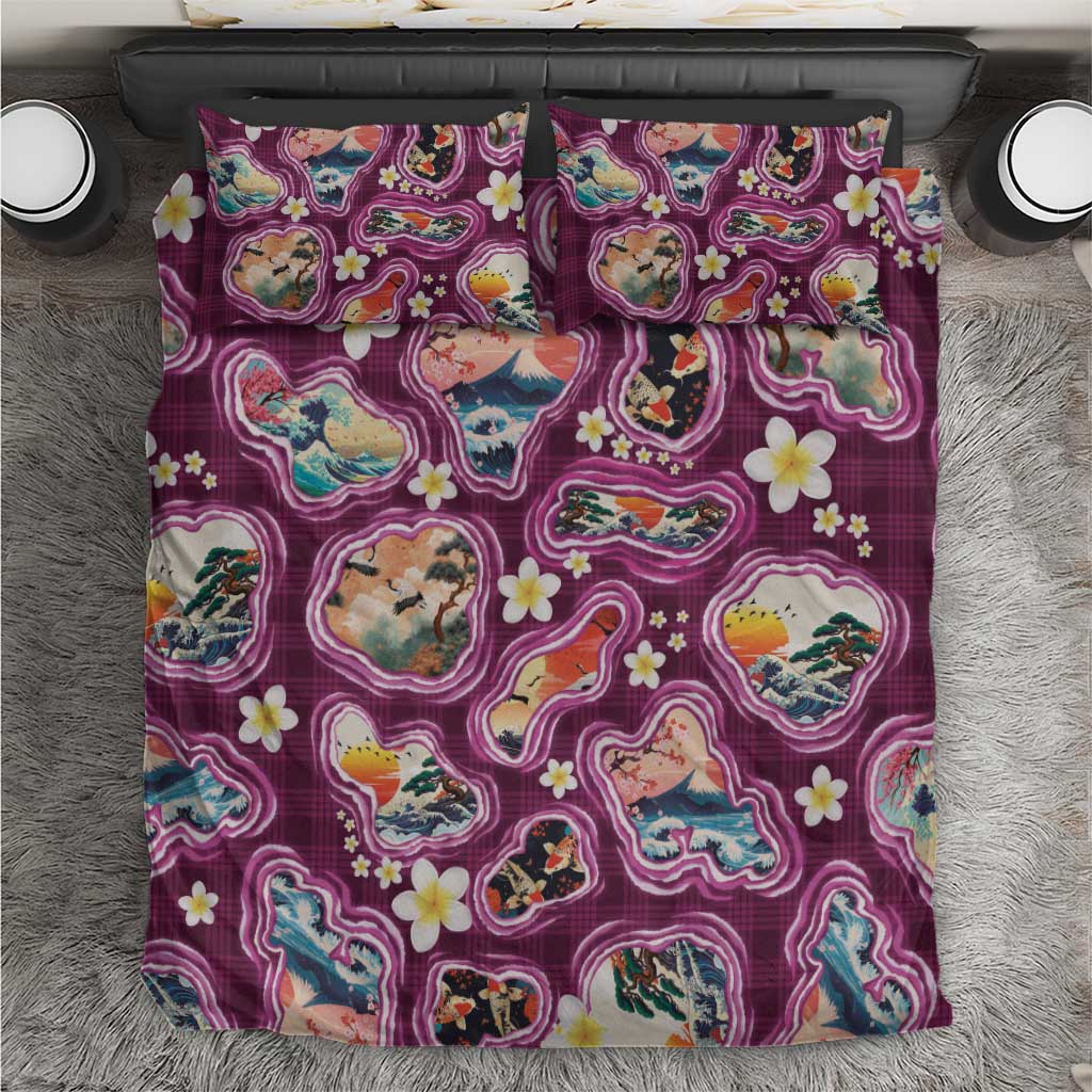 Hawaii Islands Map Design with Japanese Landscape Bedding Set Hawaiian Japan Fusion Art Pink Color LT03 Pink - Polynesian Pride