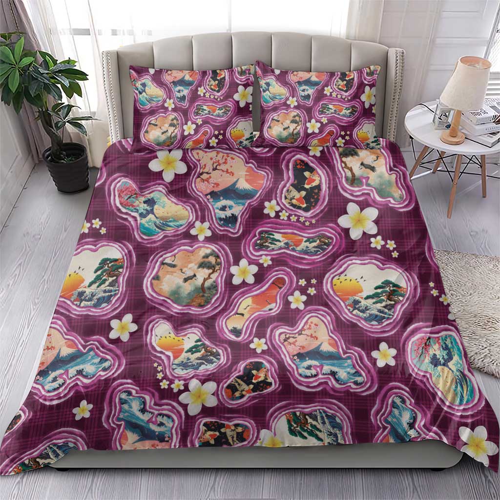Hawaii Islands Map Design with Japanese Landscape Bedding Set Hawaiian Japan Fusion Art Pink Color LT03 - Polynesian Pride