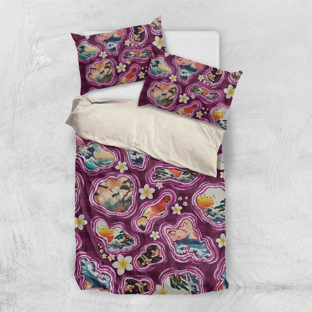 Hawaii Islands Map Design with Japanese Landscape Bedding Set Hawaiian Japan Fusion Art Pink Color LT03 US Twin 172cm x 218cm Pink - Polynesian Pride