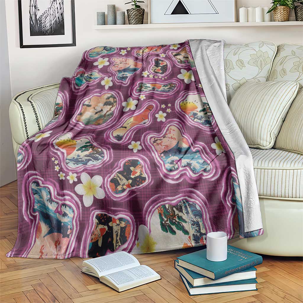 Hawaii Islands Map Design with Japanese Landscape Blanket Hawaiian Japan Fusion Art Pink Color LT03 Pink - Polynesian Pride